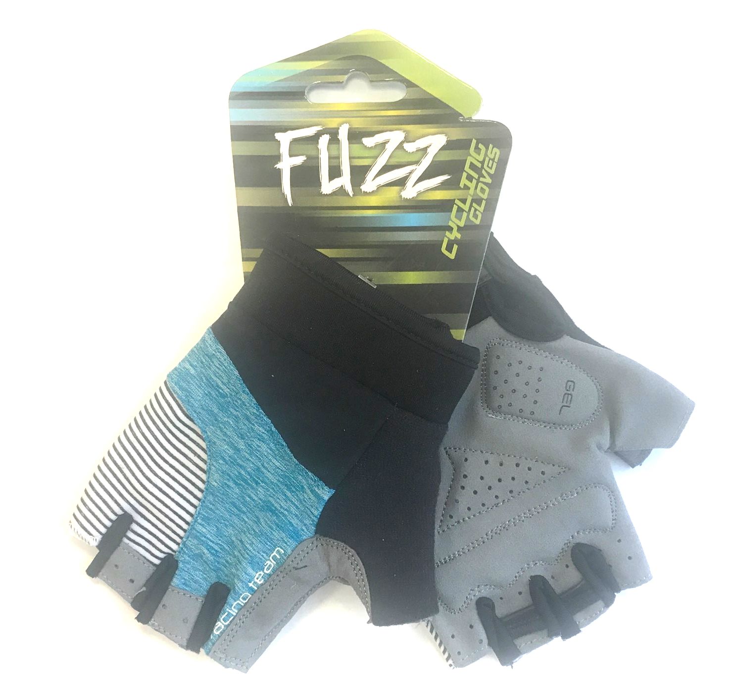 Велоперчатки FUZZ лайкра RACING TEAM черно-голубые, р-р M, D-GRIP GEL. с петельками